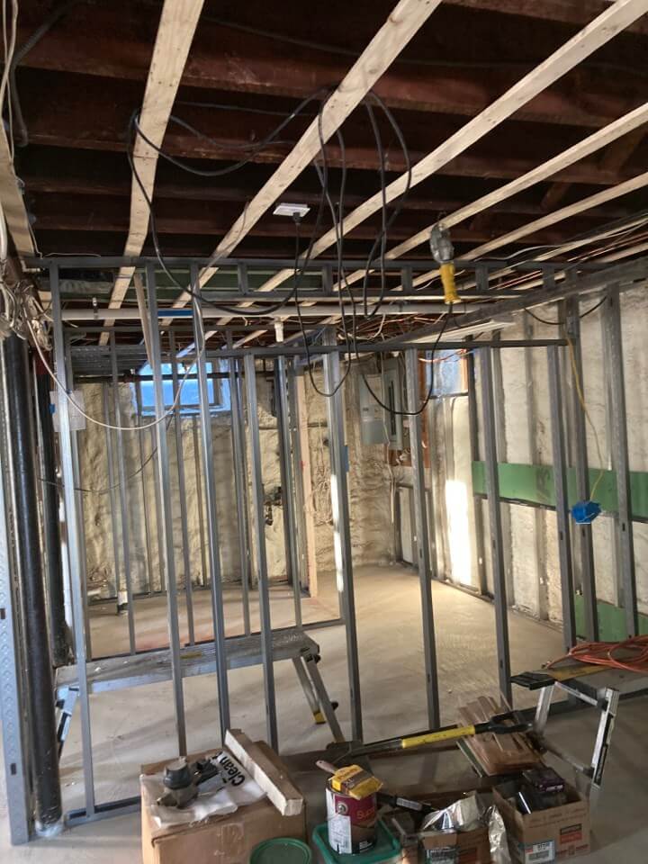 Basement Remodel Framing from TV to Bathroom